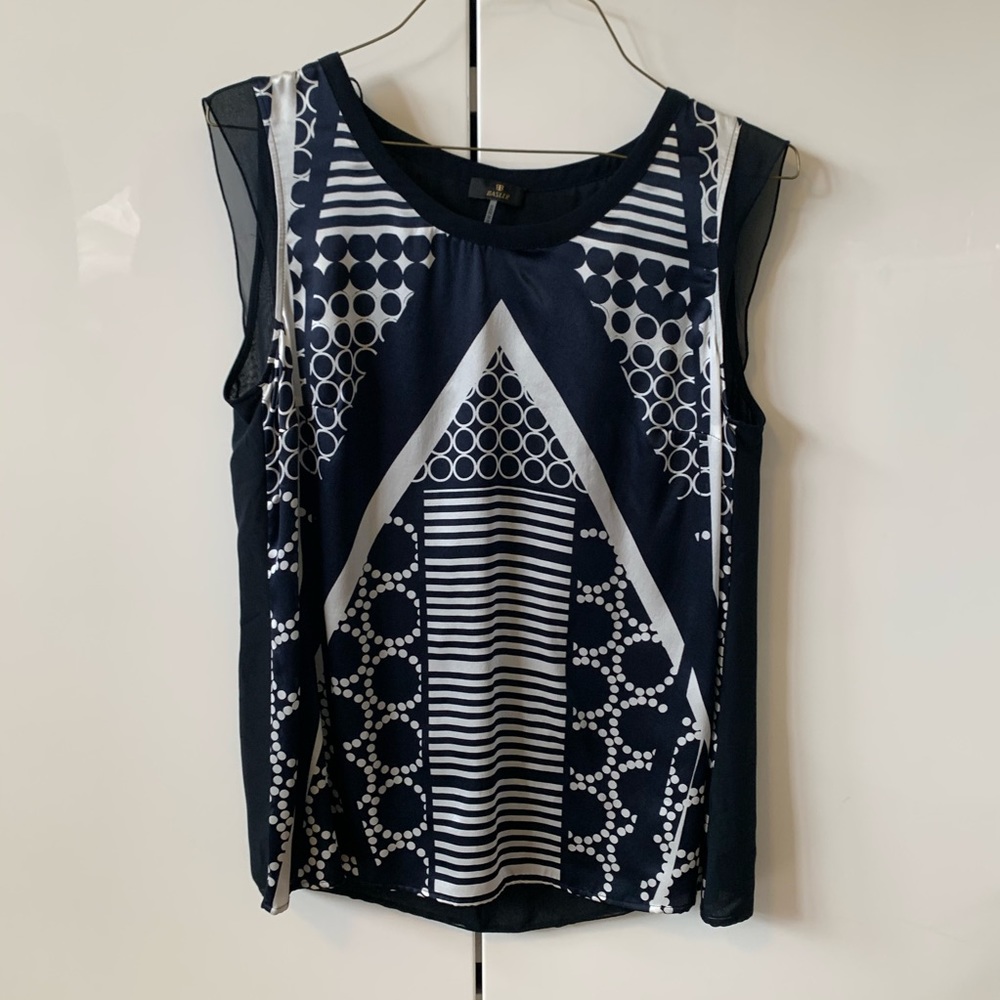Basler 100% silk navy top white polka dot stripe print 42 size 10 Large blouse